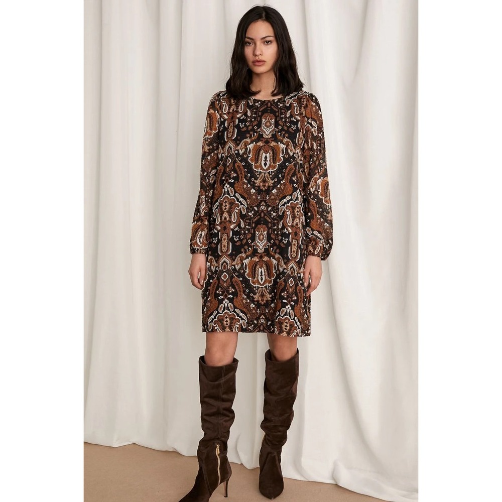 EMME MARELLA Woman fil coupe Dress Brown Long Sleeve Shift Printed Mini 2 NWT